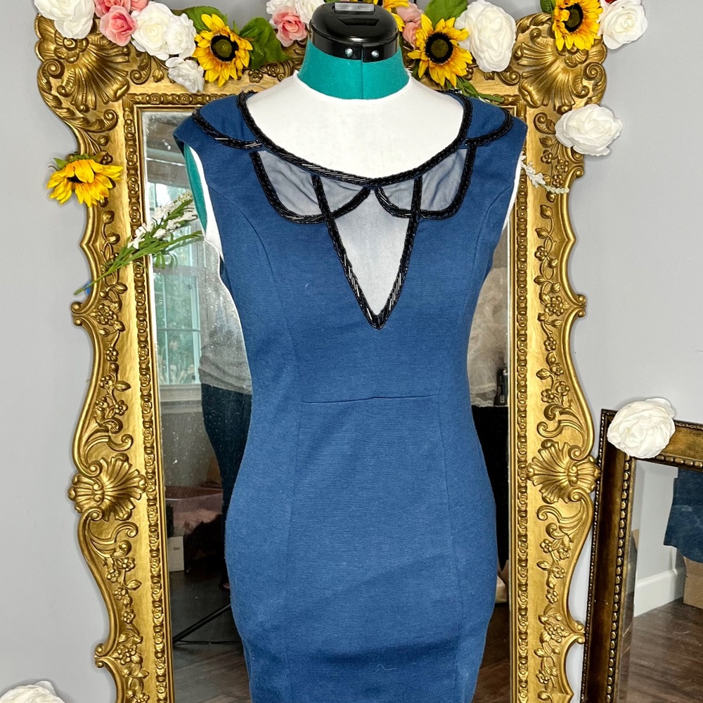 Ark & Co. Low Cut Navy Blue Beaded Cocktail Dress